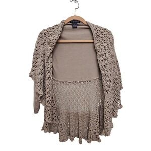 Venue Cardigan Womens‎ Large Tan Crochet Lace Mixed Media Boho Ruffle Open Front